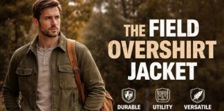 Field Overshirt Jacket: A Perfect Blend of Style & Utility A man wearing a green field jacket with a tan shirt, standing outdoors with a backpack slung over one shoulder.