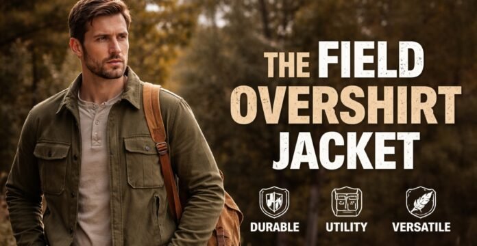 A man wearing a green field jacket with a tan shirt, standing outdoors with a backpack slung over one shoulder.