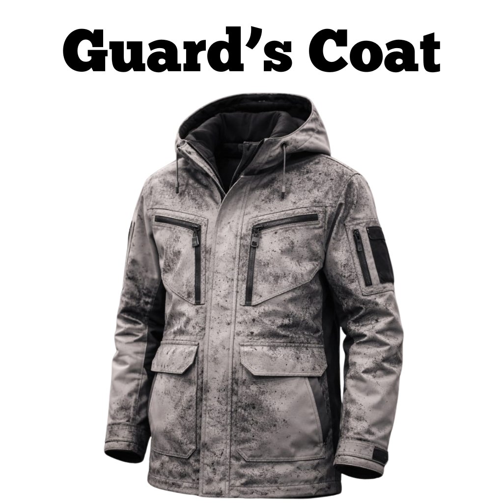 Guards coat in a light gray camouflage pattern with multiple zippered pockets and a hood, displayed on a white background.