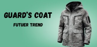 Guards Coat History and Style Guide for Modern Gentlemen A gray camo-patterned guard’s coat displayed against a green gradient background with the text ‘GUARD’S COAT FUTURE TREND’ on the left.