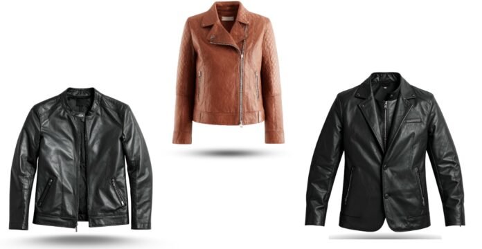 Three heavy leather jackets in black, brown, and black with silver zippers—biker-style with zippered pockets and multiple seams, displayed against a white background.