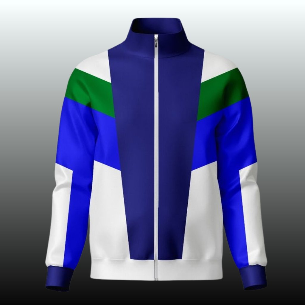 What Is Track Jacket A Complete Guide to This Sporty Classic 8 A color-block zip-up jacket featuring bold royal blue panels with white and green accents on the shoulders and sleeves, set against a gradient background.