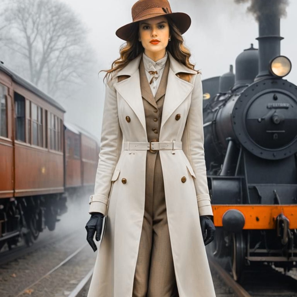  A woman stands confidently on a train platform wearing a chic, vintage-inspired beige trench coat over a tan suit, black gloves, and a brown hat. A classic steam locomotive sits on the adjacent track, with mist and train cars in the background.
