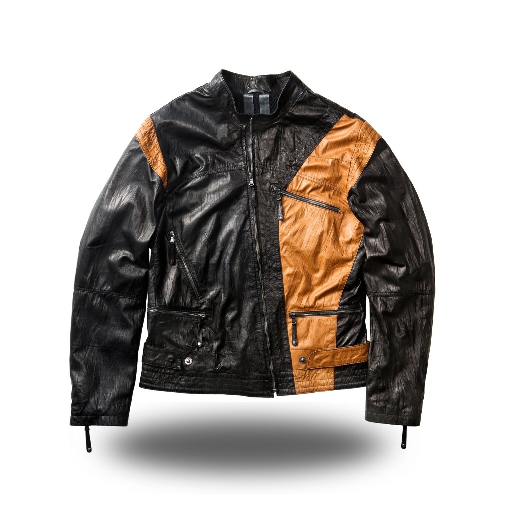 A two-tone black and tan leather motorcycle jacket with multiple zip pockets and zippers, set against a white background.