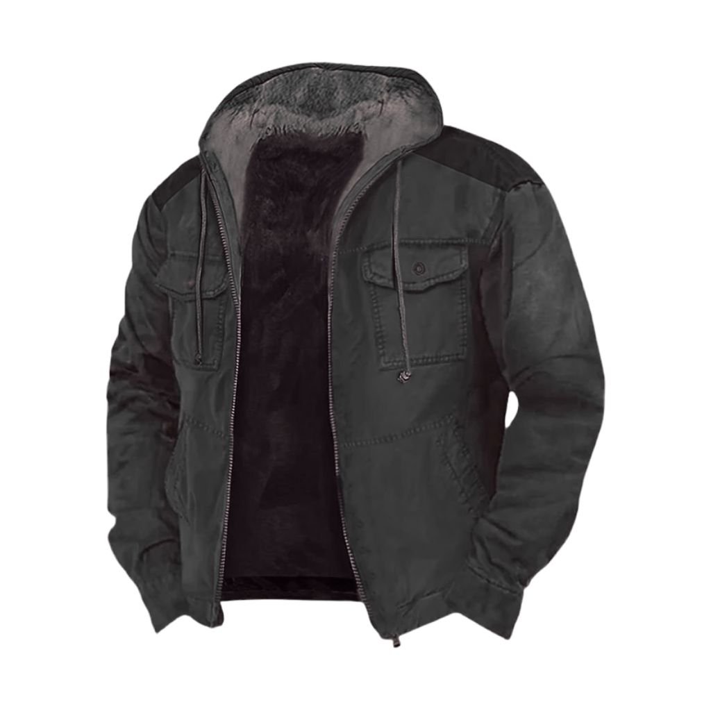 Hooded Leather Jacket: Perfect Blend of Fashion and Function 6 Dark hooded leather jacket with a soft inner lining, zipper front, and drawstrings at the hood. Pockets on the chest and sides.