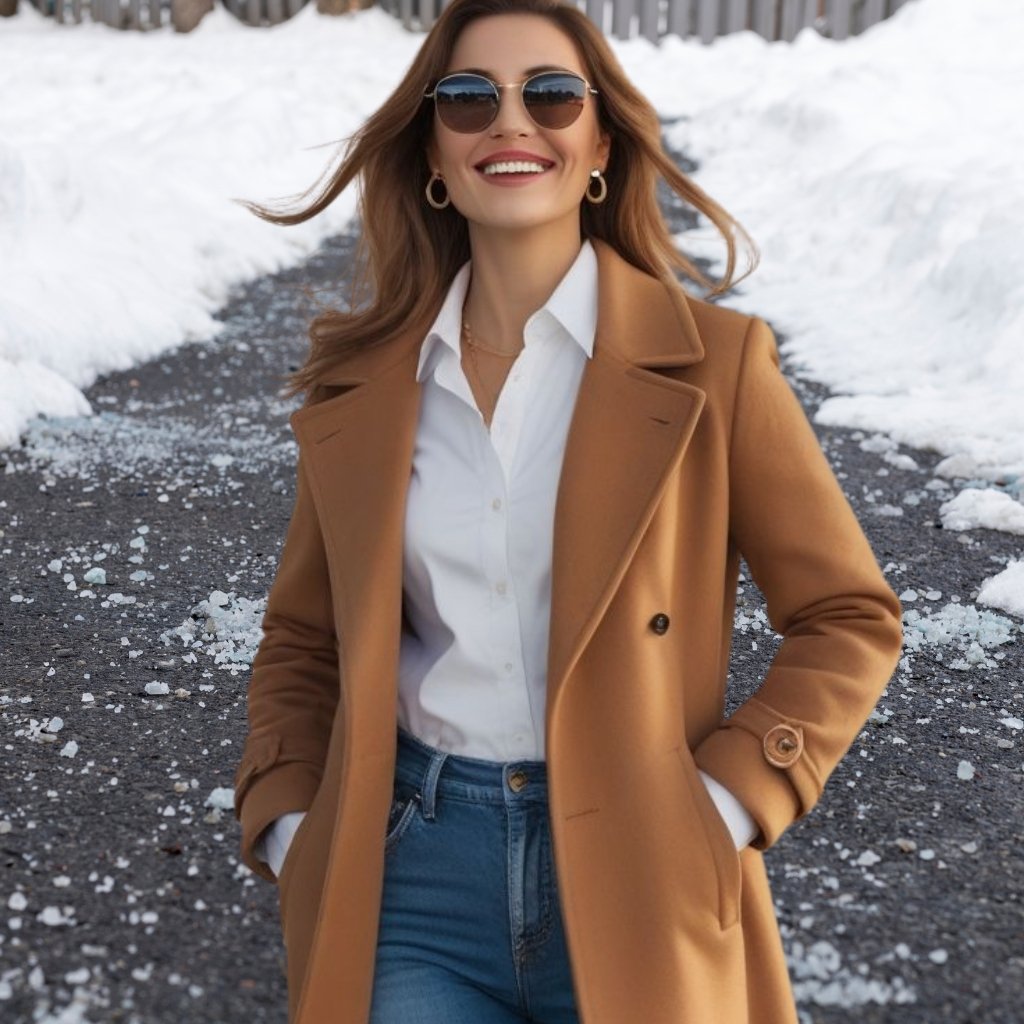 A smiling woman wearing sunglasses, a white shirt, and a camel-colored coat stands on a snowy path, with hands in coat pockets.
