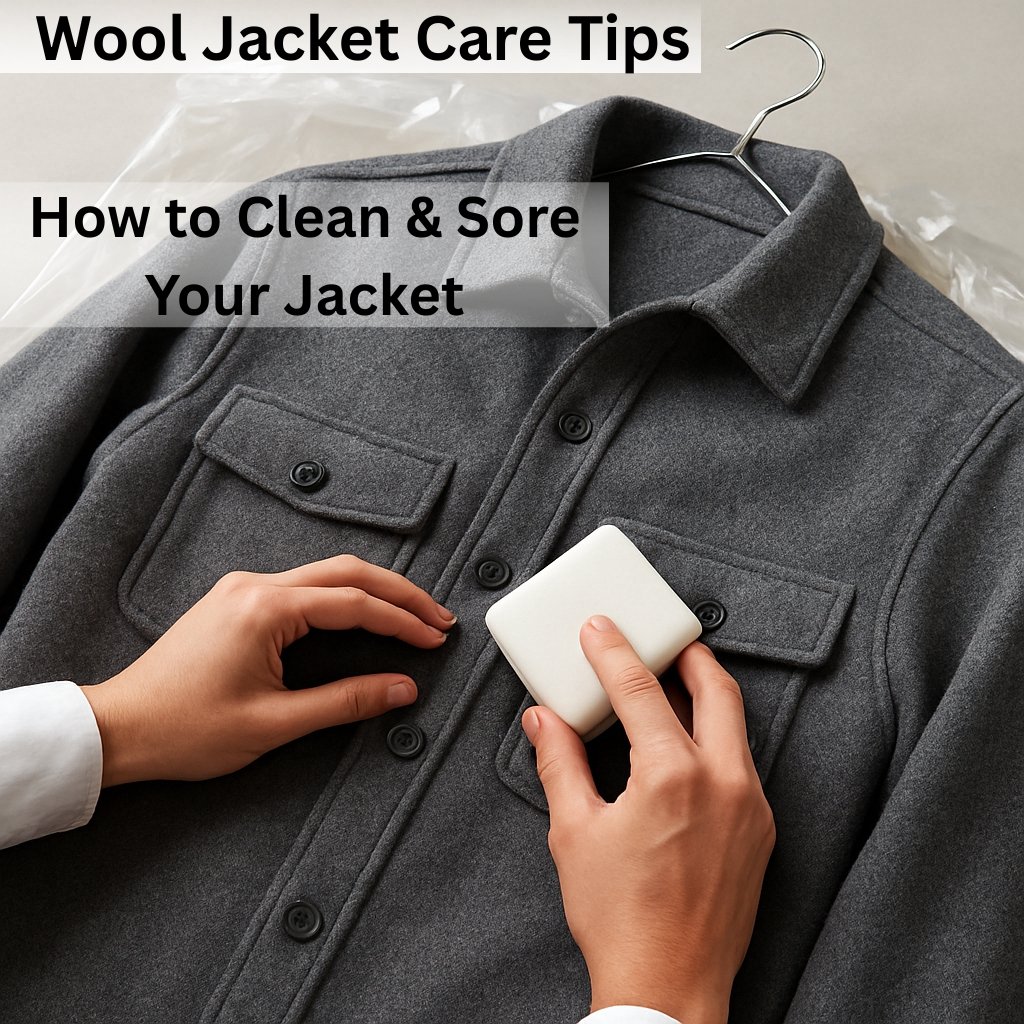 Wool Overshirt Jackets: Warmth and Style for Every Season 18 Close-up of a gray wool jacket being cleaned with a white sponge; text overlay reads 'Wool Jacket Care Tips' and 'How to Clean & Sore Your Jacket'.