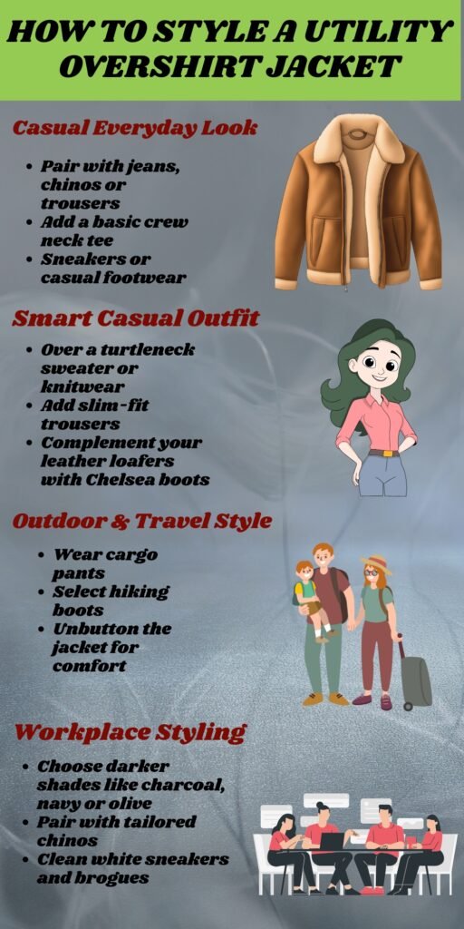 Infographic titled 'How to Style a Utility Overshirt Jacket' with sections: Casual Everyday Look, Smart Casual Outfit, Outdoor & Travel Style, and Workplace Styling. Includes bullet tips and small illustrations of a jacket, a woman, and a group of travelers.