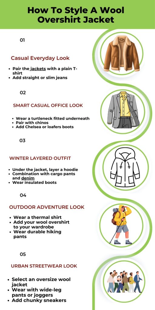 Wool Overshirt Jackets: Warmth and Style for Every Season 15 Infographic titled ‘How To Style A Wool Overshirt Jacket’ with five styling sections illustrated by circular icons on the right: casual everyday look, smart casual office look, winter layered outfit, outdoor adventure look, and urban streetwear look.