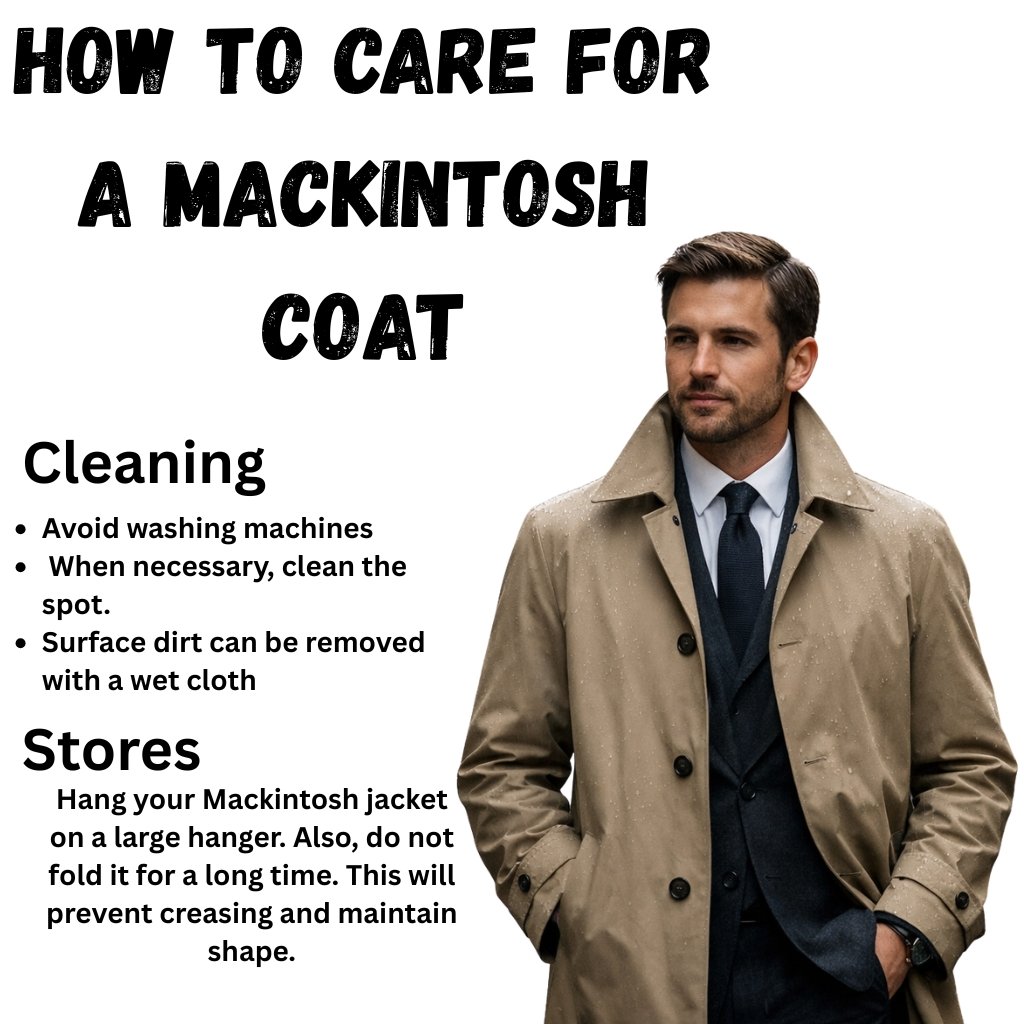 Poster showing a man in a tan Mackintosh coat with sections on Cleaning and Stores. Bulleted cleaning tips appear on the left.
