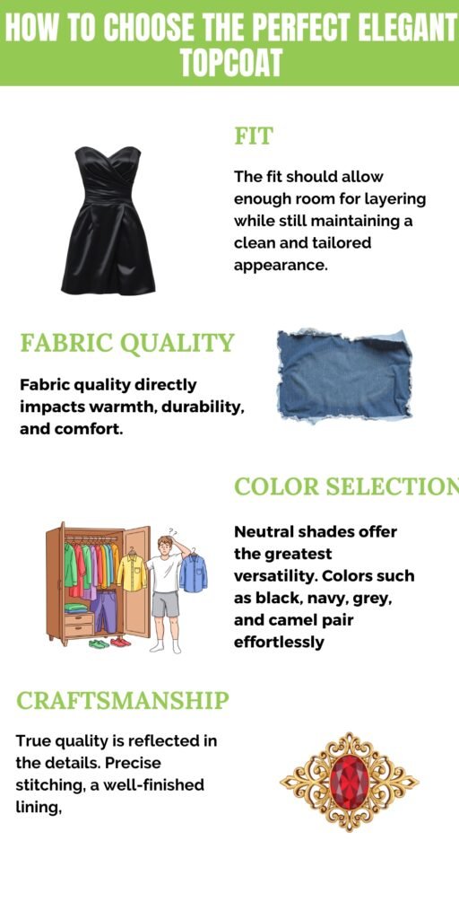 Elegant Topcoat Timeless Statement of Style & Sophistication 12 Infographic titled ‘How to Choose the Perfect Elegant Topcoat’ with sections on Fit, Fabric Quality, Color Selection, and Craftsmanship. Includes illustrations: a black dress, fabric swatch, wardrobe with clothes, and a decorative jewel.