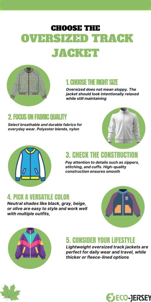 A vertical infographic titled “Choose the Oversized Track Jacket.” It features five circular illustrations of jackets arranged along the left and right sides with numbered tips:
Right-sized: gray bomber jacket on a green circle.
Fabric quality: white zip-up jacket on a green circle.
Construction: blue and teal jacket on a green circle.
Versatile color: purple, pink, and teal jacket on a green circle.
Lifestyle: purple & pink track jacket on a green circle.
The text blocks adjacent to each circle provide brief tips about size, fabric, construction, color, and lifestyle considerations. A green top header bar spans the image, and the ECO-JERSEY logo sits at the bottom.