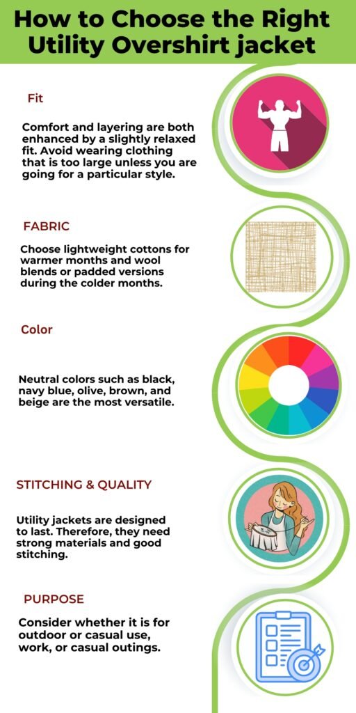 An infographic titled “How to Choose the Right Utility Overshirt jacket.” It features five sections with icons: a person flexing (fit), a woven fabric square (fabric), a color wheel (color), a sewing figure (stitching & quality), and a checklist (purpose). Each section contains a short heading and descriptive text explaining fit, fabric, color, stitching & quality, and purpose, connected by a green curved line.
