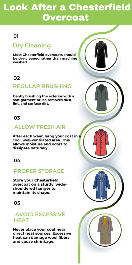 Chesterfield Overcoat Guide Classic Style with Modern Appeal 10 Infographic titled ‘Look After a Chesterfield Overcoat’ with five numbered tips: 01 Dry Cleaning, 02 Regular Brushing, 03 Allow Fresh Air, 04 Proper Storage, 05 Avoid Excessive Heat. Each tip has a brief description and a circular icon of a coat in different colors along a wavy green line.