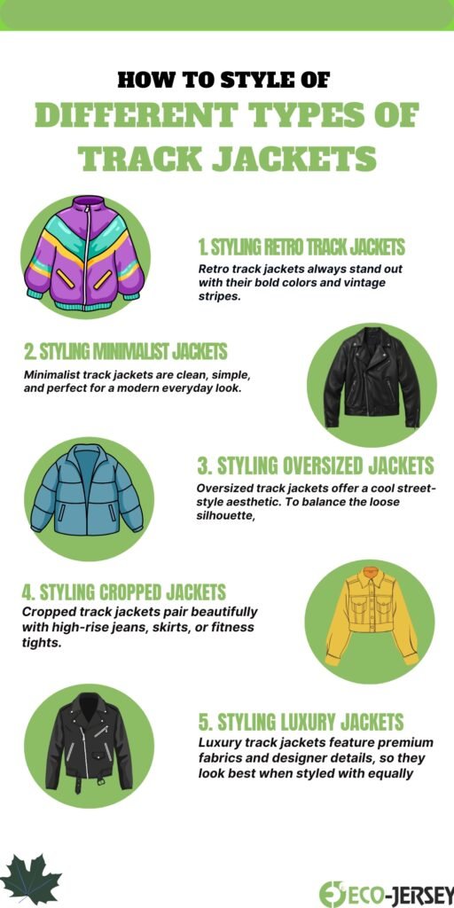Informational poster titled ‘How to Style of Different Types of Track Jackets,’ featuring five illustrated jackets with descriptive captions about retro, minimalist, oversized, cropped, and luxury styles.