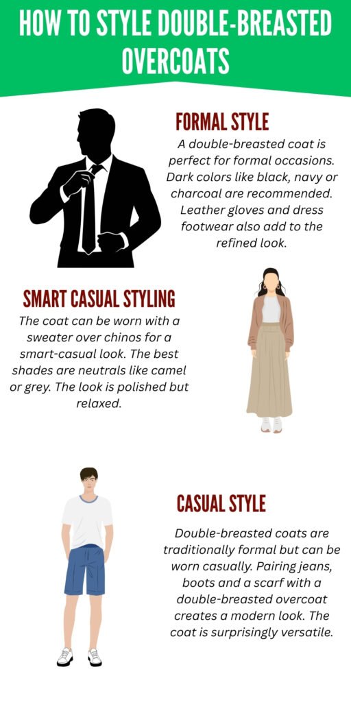 Infographic titled 'How to Style Double-Breasted Overcoats' with sections for Formal Style, Smart Casual Styling, and Casual Style. Includes black silhouettes and cartoon illustrations of a man in a suit, a woman in a skirt, and a man in shorts.