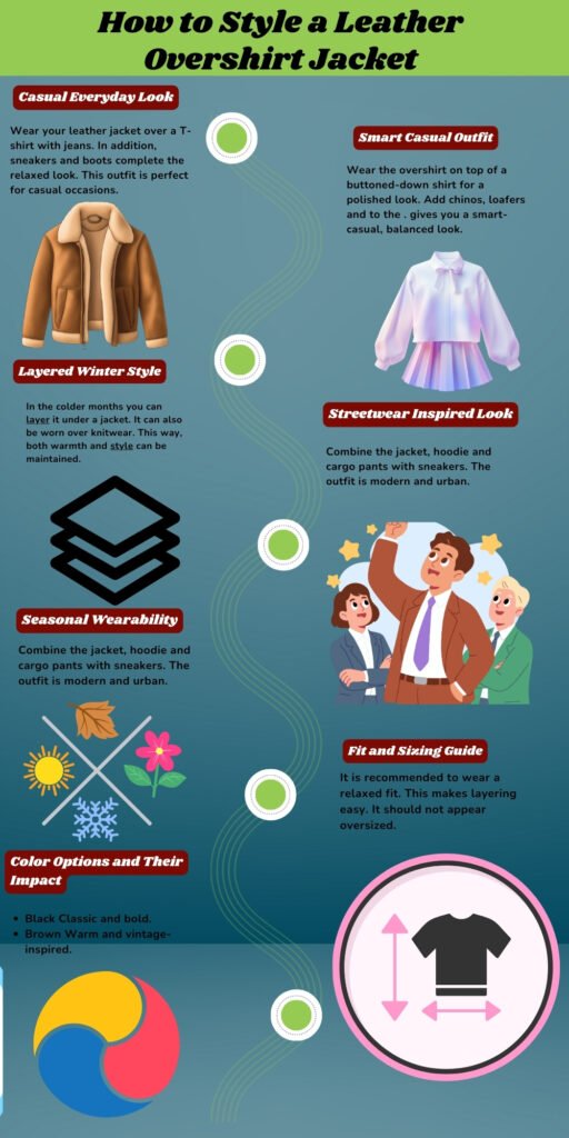 Leather Overshirt Jacket: A Modern Classic for All Seasons 9 A vertical infographic showing fashion styling tips for a leather overshirt jacket. Includes sections on Casual Everyday Look, Smart Casual Outfit, Layered Winter Style, Streetwear Inspired Look, Seasonal Wearability, and a Fit and Sizing Guide, with icons of a jacket, clothes stack, leaves, flowers, people, and a color wheel.