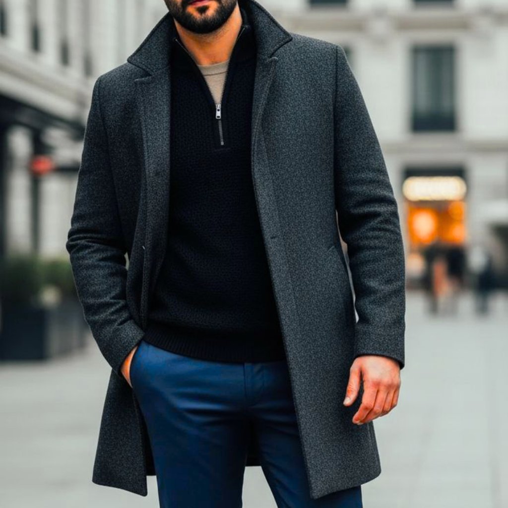  A man wearing a dark gray overcoat over a black knit sweater and blue trousers stands outdoors in an urban setting.