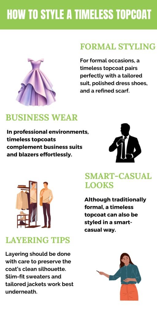 Infographic titled ‘How to Style a Timeless Topcoat’ with sections: Formal Styling, Business Wear, Layering Tips, and Smart-C Casual Looks, each with small illustrations of a gown, a businessperson, a clothing rack with people, and a woman gesturing.