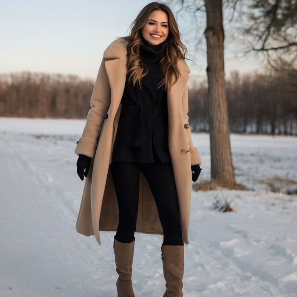 A smiling woman standing in a snowy landscape wearing a tan long coat, black turtleneck and top, black pants, tan knee-high boots, and black gloves.