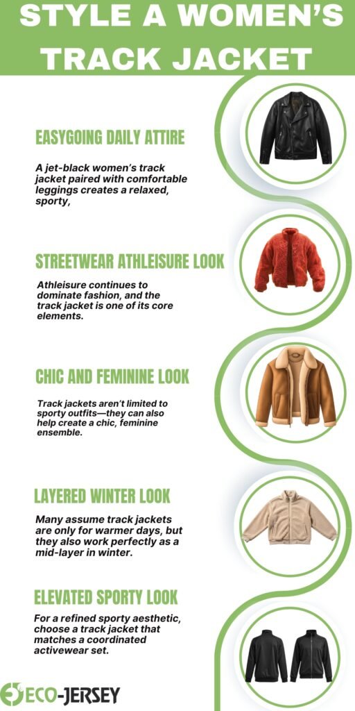 Infographic titled ‘Style a Women’s Track Jacket’ with six circular images of jackets arranged vertically and six section headings: Easygoing Daily Attire, Streetwear Athleisure Look, Chic and Feminine Look, Layered Winter Look, Elevated Sporty Look. Eco-Jersey logo at bottom.