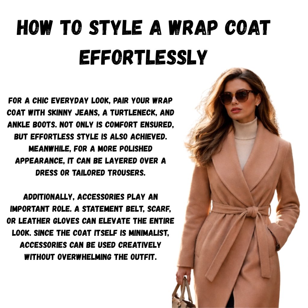 Woman wearing a beige wrap coat with a belt, sunglasses, and a bag, standing beside bold heading 'How to Style a Wrap Coat Effortlessly' with two dense blocks of text describing styling tips.