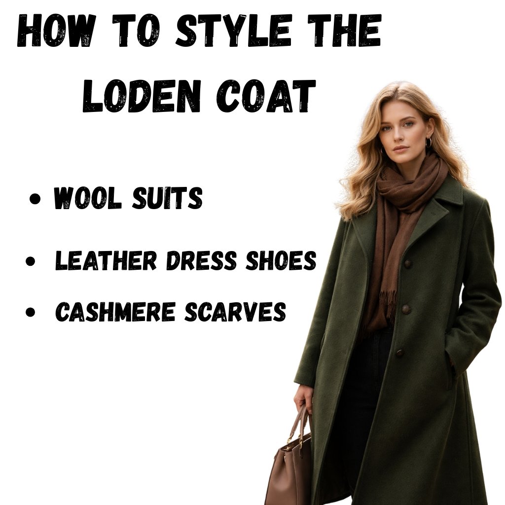 Infographic titled ‘How to Style the Loden Coat’ with a woman wearing a dark green coat and brown scarf on the right. Bullet list includes ‘Wool Suits’, ‘Leather Dress Shoes’, and ‘Cashmere Scarves’.