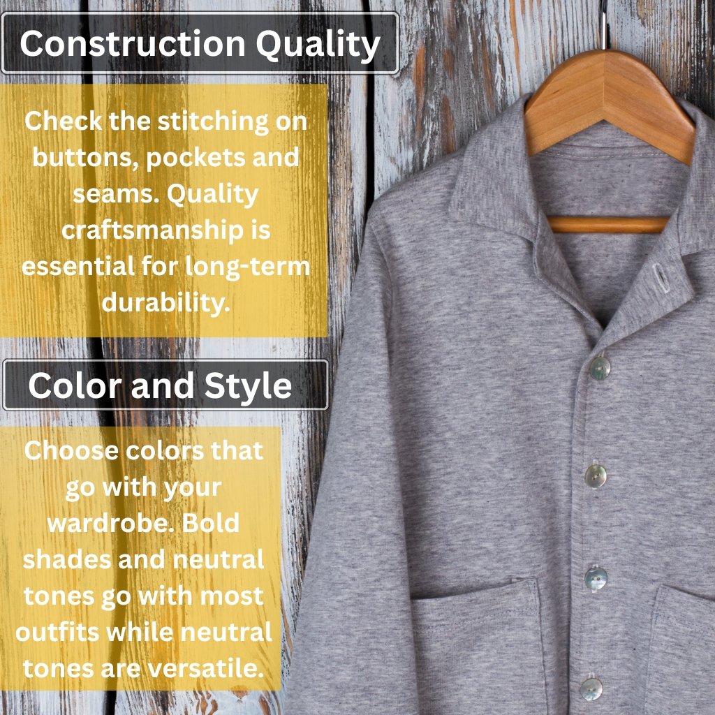 Wool Overshirt Jackets: Warmth and Style for Every Season 19 A gray shirt on a wooden hanger with two yellow text overlays about Construction Quality and Color and Style.