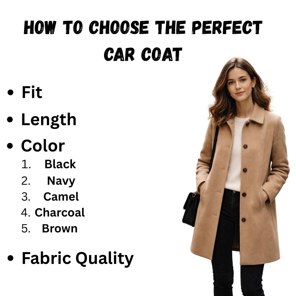 A woman in a camel coat stands on the right side of the image with a white background and a bulleted list on the left titled ‘How to Choose the Perfect Car Coat,’ including Fit, Length, Color (Black, Navy, Camel, Charcoal, Brown), and Fabric Quality.
