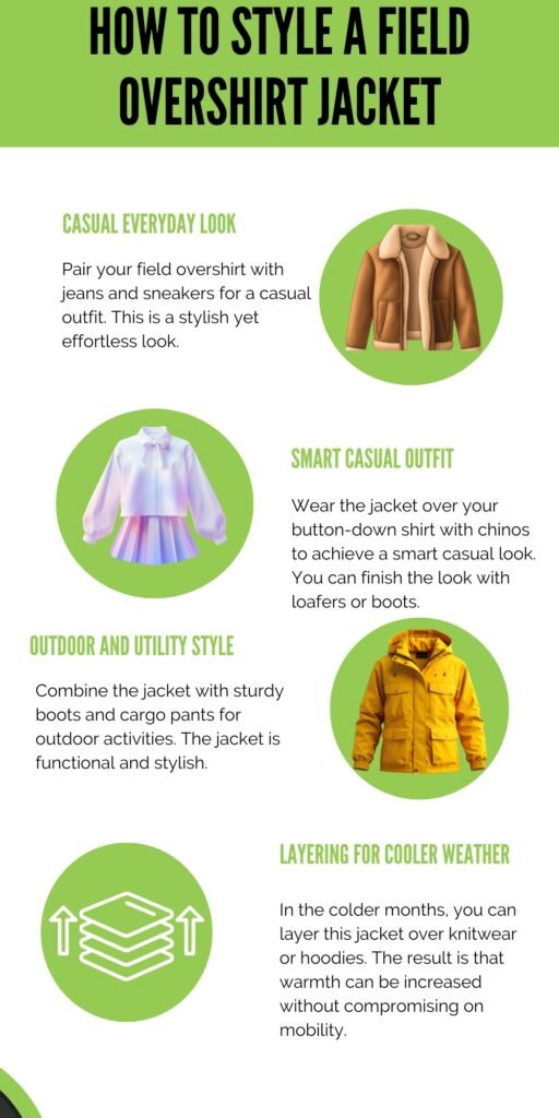 Infographic titled ‘How to Style a Field Overshirt Jacket’ with green circular images of a jacket, a pastel outfit, a yellow jacket, and a layered icon, plus text sections describing casual everyday look, smart casual outfit, outdoor and utility style, layering for cooler weather, and more.