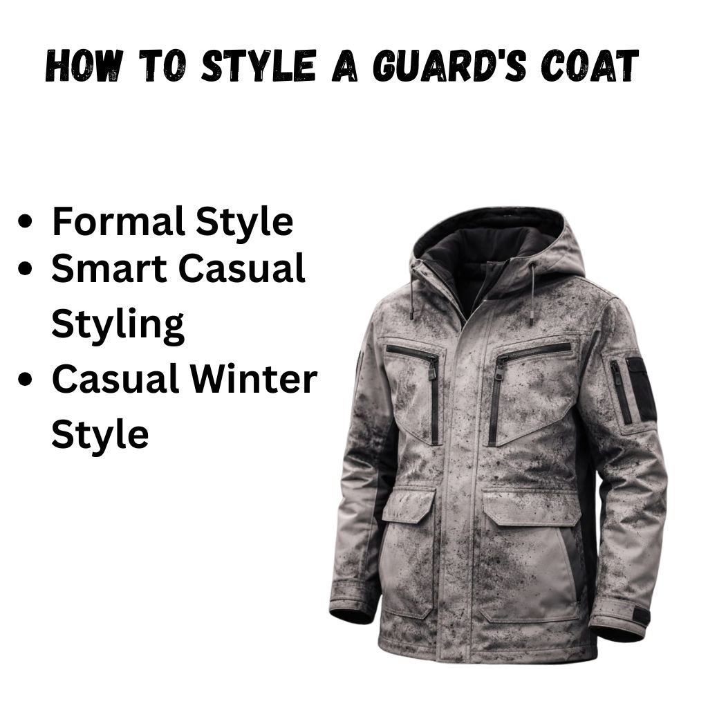 Slide titled ‘How to Style a Guard’s Coat’ with a gray camo-style guard’s coat on the right and three bullet points on the left: Formal Style, Smart Casual Styling, Casual Winter Style.