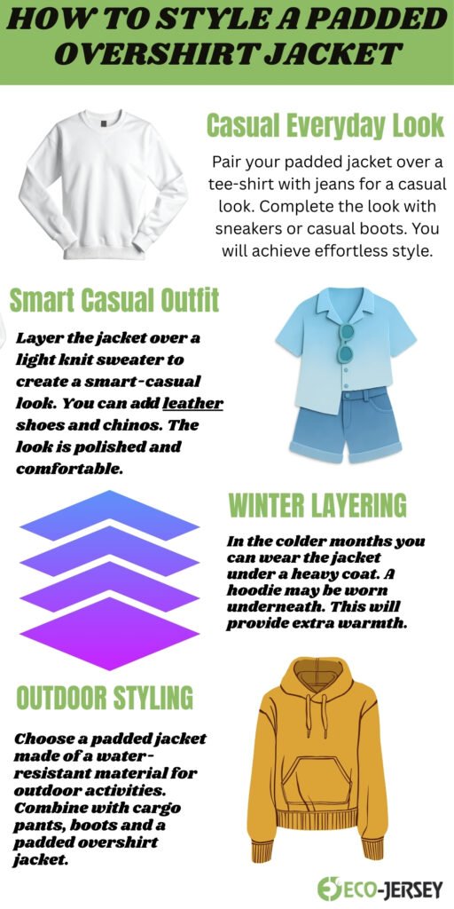 Infographic titled ‘How to Style a Padded Overshirt Jacket’ showing casual everyday look with a white sweatshirt, smart casual outfit with a light blue layered set, winter layering with a hoodie, and outdoor styling featuring a yellow padded jacket; includes text descriptions and decorative purple chevron shapes.