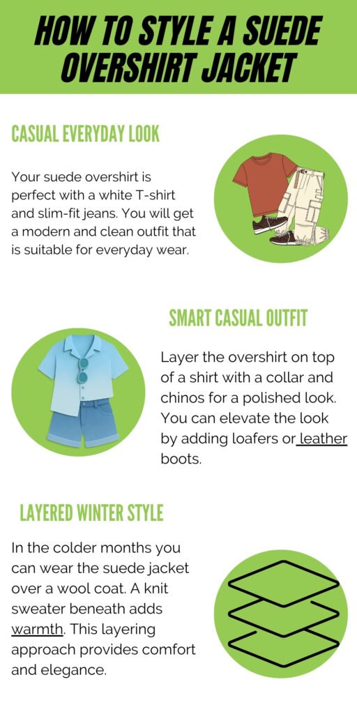 A vertical infographic with a lime-green header reading “HOW TO STYLE A SUEDE OVERSHIRT JACKET.” It has three sections: “CASUAL EVERYDAY LOOK” with a circular illustration of a t-shirt and shorts outfit; “SMART CASUAL OUTFIT” with a circular illustration of a light-blue shirt, blue shorts, and sunglasses; and “LAYERED WINTER STYLE” with a circular illustration of layered fabric pieces. Each section contains descriptive text explaining styling tips.