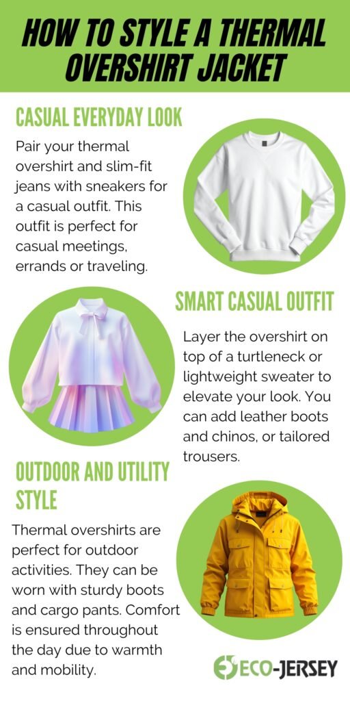 Infographic titled ‘How to Style a Thermal Overshirt Jacket’ with four circular images of clothing items (white sweatshirt, pastel gradient top, yellow jacket, and a green circle with Eco-Jersey logo) and green section headings describing casual everyday look, smart casual outfit, outdoor and utility style, and layered styling tips.