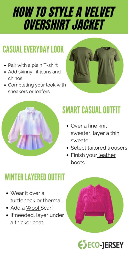  An infographic titled “How to Style a Velvet Overshirt Jacket” with three circular images of green and pink clothing on a white background. The sections are “Casual Everyday Look,” “Smart Casual Outfit,” and “Winter Layered Outfit.” Each section lists styling tips with bullet points. The Eco-Jersey logo appears at the bottom right.