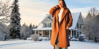 Insulated Topcoats: The Perfect Balance of Warmth and Style A woman stands in a snowy yard in front of a white house, wearing a long camel coat and smiling. Insulated Topcoats