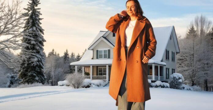 A woman stands in a snowy yard in front of a white house, wearing a long camel coat and smiling. Insulated Topcoats