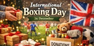 International Boxing Day: History, Meaning, and Traditions “A festive outdoor scene for International Boxing Day with gift boxes, a donations box, a teddy bear, canned goods, and a UK flag in the background.