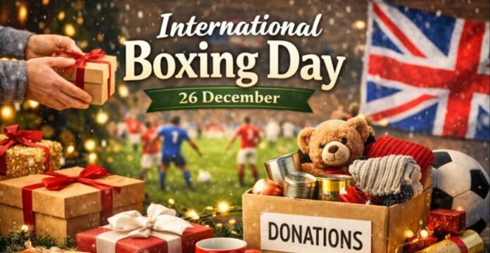 “A festive outdoor scene for International Boxing Day with gift boxes, a donations box, a teddy bear, canned goods, and a UK flag in the background.