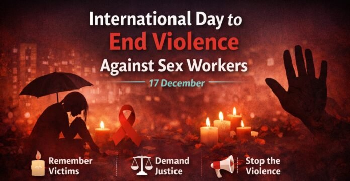 A dark red-toned banner showing a silhouette of a person sitting with a candle on the left, a pink ribbon in the center, lit candles along the ground, and a raised hand silhouette on the right. The text reads: “International Day to End Violence Against Sex Workers – 17 December.” Icons for Remember Victims, Demand Justice, and Stop the Violence are at the bottom.
