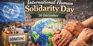 International Human Solidarity Day: Unity for a Better World “Global charity scene for International Human Solidarity Day: a donations box, globe, group of hands joined together, and a United Nations flag in the background.