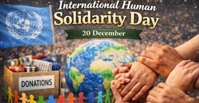 “Global charity scene for International Human Solidarity Day: a donations box, globe, group of hands joined together, and a United Nations flag in the background.
