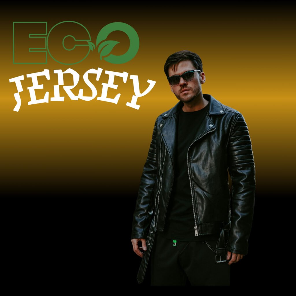 A modern man wearing a black classic biker leather jacket and sunglasses stands against a gradient background from black to mustard. The word “ECO” with a leaf motif sits in the upper left, and bold white “JERSEY” text curves across the image. The overall look is edgy and urban.