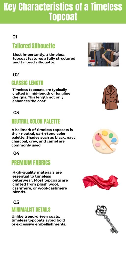 Infographic titled 'Key Characteristics of a Timeless Topcoat' listing five features with small icons: tailoring silhouette, classic length, neutral color palette, premium fabrics, and minimalist details. Each item includes a brief description and a small corresponding image (hanger, coat illustration, paint palette, red fabric, vintage key.