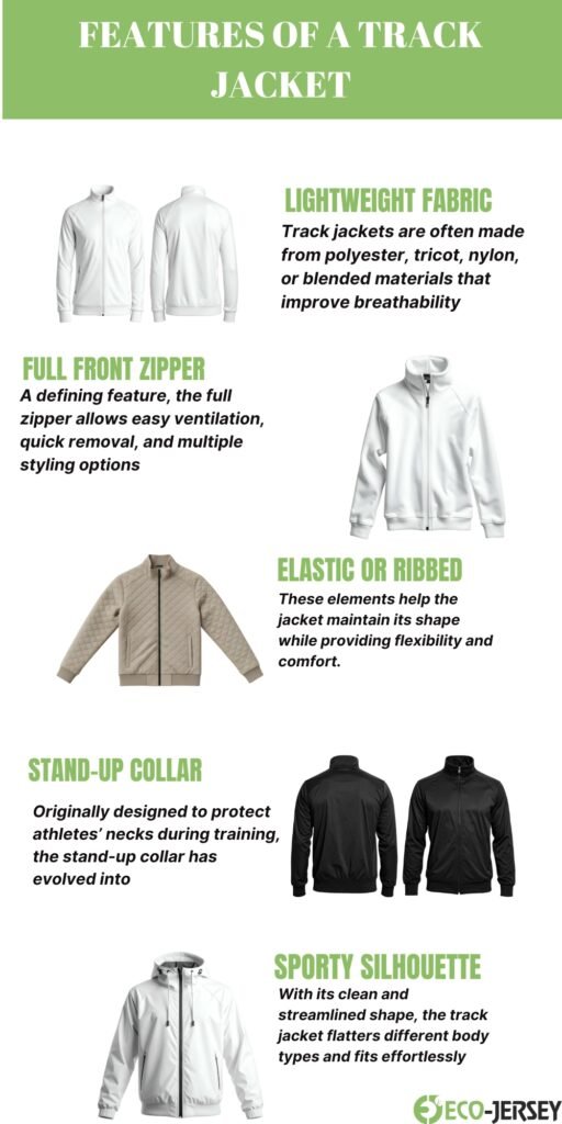 What Is Track Jacket A Complete Guide to This Sporty Classic 9 Infographic titled ‘Features of a Track Jacket’ showing images and descriptions of six jacket features with green headings: Lightweight Fabric, Full Front Zipper, Elastic or Ribbed, Stand-Up Collar, and Sporty Silhouette.