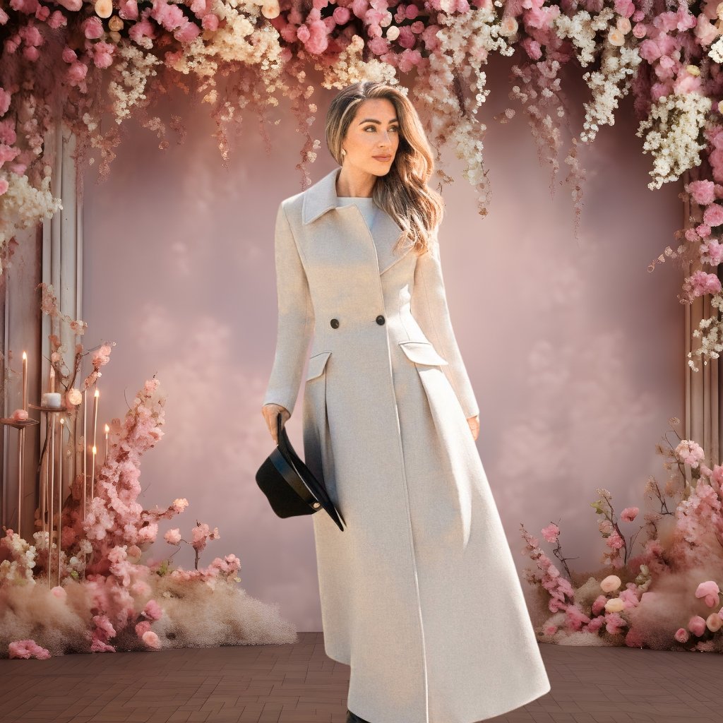 A woman wearing a long cream coat walks among pink and white floral arrangements, holding a small black hat.