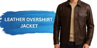 Leather Overshirt Jacket: A Modern Classic for All Seasons Man wearing a dark brown leather jacket over a tan knit sweater, standing against a beige background.