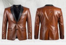 Leather Blazer Jacket: Sophisticated Style with Modern Edge A brown leather blazer jacket with black lapels, shown from the front and back, featuring two buttons, notch lapels, and flap pockets.