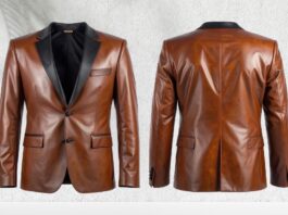 A brown leather blazer jacket with black lapels, shown from the front and back, featuring two buttons, notch lapels, and flap pockets.
