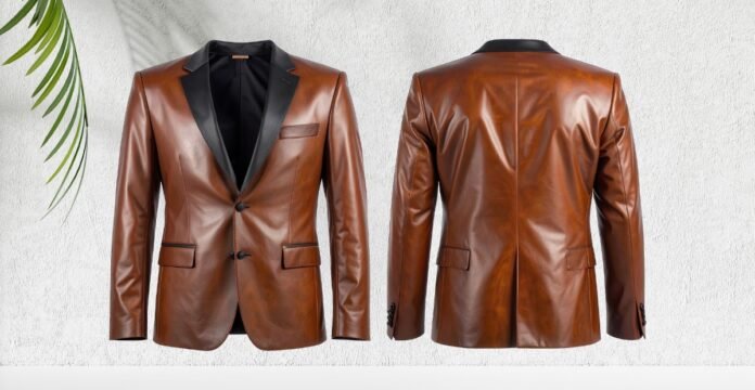 A brown leather blazer jacket with black lapels, shown from the front and back, featuring two buttons, notch lapels, and flap pockets.